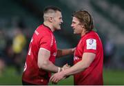 10 April 2021; Jordi Murphy, right, and Jacob Stockdale of Ulster embrace after their side's victory in the Heineken Challenge Cup Quarter-Final match between Northampton Saints and Ulster at Franklin's Gardens in Northampton, England. Photo by Matt Impey/Sportsfile