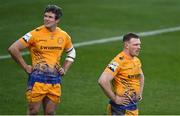 10 April 2021; Sam Simmonds, right, and Ian Whitten of Exeter Chiefs dejected during the Heineken Champions Cup Pool Quarter-Final match between Exeter Chiefs and Leinster at Sandy Park in Exeter, England. Photo by Ramsey Cardy/Sportsfile