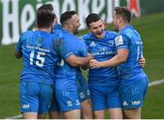 10 April 2021; Leinster players, including Hugo Keenan, Dave Kearney, Hugh O'Sullivan and Jordan Larmour, celebrate a try by Rory O'Loughlin which was subsequently disallowed during the Heineken Champions Cup Pool Quarter-Final match between Exeter Chiefs and Leinster at Sandy Park in Exeter, England. Photo by Ramsey Cardy/Sportsfile