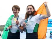 11 April 2021; Fintan McCarthy and Paul O'Donovan of Ireland celebrate with their gold medals after the Lightweight Men's Double Sculls A Final during Day 3 of the European Rowing Championships 2021 at Varese in Italy. Photo by Roberto Bregani/Sportsfile