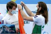 11 April 2021; Fintan McCarthy, left, and Paul O'Donovan of Ireland celebrate with their gold medals after the Lightweight Men's Double Sculls A Final during Day 3 of the European Rowing Championships 2021 at Varese in Italy. Photo by Roberto Bregani/Sportsfile