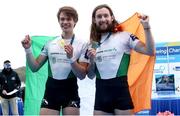 11 April 2021; Fintan McCarthy, left, and Paul O'Donovan of Ireland celebrate with their gold medals after the Lightweight Men's Double Sculls A Final during Day 3 of the European Rowing Championships 2021 at Varese in Italy. Photo by Roberto Bregani/Sportsfile