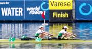 11 April 2021; Fintan McCarthy, left, and Paul O'Donovan of Ireland cross the finish line to win the Lightweight Men's Double Sculls A Final during Day 3 of the European Rowing Championships 2021 at Varese in Italy. Photo by Roberto Bregani/Sportsfile