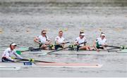 11 April 2021; Ireland rowers, from left, Aifric Keogh, Eimear Lambe, Fiona Murtagh and Emily Hegarty after finishing second in the Women's Four A Final during Day 3 of the European Rowing Championships 2021 at Varese in Italy. Photo by Roberto Bregani/Sportsfile