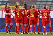 11 April 2021; Tine De Caigny, left, of Belgium celebrates after scoring her side's first goal with her team-mates during the women's international friendly match between Belgium and Republic of Ireland at King Baudouin Stadium in Brussels, Belgium. Photo by David Catry/Sportsfile