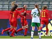 11 April 2021; Tine De Caigny, centre, of Belgium celebrates after scoring her side's first goal with her team-mates during the women's international friendly match between Belgium and Republic of Ireland at King Baudouin Stadium in Brussels, Belgium. Photo by David Catry/Sportsfile