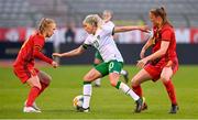 11 April 2021; Denise O'Sullivan of Republic of Ireland in action against Janice Cayman, left, and Lenie Onzia of Belgium during the women's international friendly match between Belgium and Republic of Ireland at King Baudouin Stadium in Brussels, Belgium. Photo by David Catry/Sportsfile