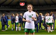 11 April 2021; Heather Payne of Republic of Ireland with her Carlsberg Player of the Match award after the women's international friendly match between Belgium and Republic of Ireland at King Baudouin Stadium in Brussels, Belgium. Photo by David Catry/Sportsfile