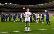 11 April 2021; Heather Payne of Republic of Ireland with her Carlsberg Player of the Match award after the women's international friendly match between Belgium and Republic of Ireland at King Baudouin Stadium in Brussels, Belgium. Photo by David Catry/Sportsfile