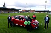 13 April 2021; Bohemians have taken two significant actions in the fight against climate change. Firstly, by signing up, through our Climate Justice Officer, to the UN’s Sports for Climate Action Framework and, secondly, by announcing MG Motor Ireland as the club's Official Vehicle Partner for 2021. The partnership will see club players and manager Keith Long drive 100% electric vehicles. Pictured at Dalymount Park in Dublin are, from left, Andrew Johnson, Sales Manager, MG Motor Ireland, James Talbot, Bohemians goalkeeper, Keith Long, Bohemians Manager, Sean McCabe, Bohemians Climate Officer and Gerard Rice, Managing Director, MG Motor Ireland. Photo by Sam Barnes/Sportsfile