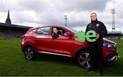 13 April 2021; Bohemians have taken two significant actions in the fight against climate change. Firstly, by signing up, through our Climate Justice Officer, to the UN’s Sports for Climate Action Framework and, secondly, by announcing MG Motor Ireland as the club's Official Vehicle Partner for 2021. The partnership will see club players and manager Keith Long drive 100% electric vehicles. Pictured at Dalymount Park in Dublin are James Talbot, Bohemians goalkeeper, left, and Keith Long, Bohemians Manager. Photo by Sam Barnes/Sportsfile