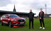 13 April 2021; Bohemians have taken two significant actions in the fight against climate change. Firstly, by signing up, through our Climate Justice Officer, to the UN’s Sports for Climate Action Framework and, secondly, by announcing MG Motor Ireland as the club's Official Vehicle Partner for 2021. The partnership will see club players and manager Keith Long drive 100% electric vehicles. Pictured at Dalymount Park in Dublin are, Keith Long, Bohemians Manager, left, and James Talbot, Bohemians goalkeeper. Photo by Sam Barnes/Sportsfile