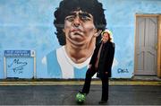 12 April 2021; Her Excellency Mrs. S. Moira Wilkinson, Argentine Ambassador to the Republic of Ireland, poses for a picture in front of a mural by Dublin artist Chelsea Jacobs depicting the late Argentine footballer Diego Maradona at Havelock Square in Dublin. Photo by David Fitzgerald/Sportsfile