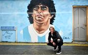 12 April 2021; Dublin artist Chelsea Jacobs poses for a picture in front of her mural depicting the late Argentine footballer Diego Maradona at Havelock Square in Dublin. Photo by David Fitzgerald/Sportsfile