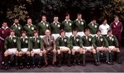 15 March 1980; The Ireland team back row, from left, Mick Fitzpatrick, Phil Orr, Brendan Foley, John O'Driscoll, Donal Spring, Moss Keane, Rodney O'Donnell and referee Laurie Prideaux, with, front, from left, Paul McNaughton, David Irwin, Ollie Campbell, President of the IRFU Jimmy Montgomery, captain Fergus Slattery, Johnny Moloney, Ciaran Fitzgerald, Terry Kennedy and Colin Patterson before the Five Nations Rugby Championship match between Ireland and Wales at Lansdowne Road in Dublin. Photo by Ray McManus/Sportsfile