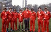4  May 1983; The Irish members of the British and Irish Lions squad, from left, Hugo MacNeill, David Irwin, Ollie Campbell, captain Ciaran Fitzgerald, team manager Willie John McBride, Michael Kiernan, John O'Driscoll and Trevor Ringland prior to the British and Irish Lions Squad's departure to New Zealand in London, England. Photo by Jim O'Kelly/Sportsfile