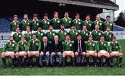 12 May 1985; The Ireland team, back row from left, Brendan Mullin, Philip Matthews, Paul Collins, Paddy Kenny, Brian Spillane, Willie Anderson, Brian McCall, Jim McCoy, Nigel Carr and Harry Harbison, with centre row from left, Keith Crossan, Rab Brady, Michael Bradley, Paul Kennedy, Mick Fitzpatrick, Philip Rainey, Moss Finn, Terry McMaster, and Ralph Keyes, and front row from left, Phil Orr, Trevor Ringland, Donal Lenihan, Honorary medical officer Dr Joe Gallagher, IRFU President Des McKibben, team captain Ciaran Fitzgerald, team coach Mick Doyle, Hugh MacNeill, Michael Kiernan, and Paul Dean during an Ireland rugby squad portrait session at Lansdowne Road in Dublin ahead of their summer tour to Japan. Photo by Jim O'Kelly/Sportsfile