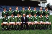 12 May 1985; The Ireland team, back row from left, Brendan Mullin, Philip Matthews, Brian Spillane, Donal Lenihan, Willie Anderson, Jim McCoy, Nigel Carr and Hugo MacNeill, and front row from left, Michael Bradley, Phil Orr, Trevor Ringland, IRFU President Michael Carroll, Ciaran Fitzgerald, Michael Kiernan, Paul Dean and Keith Crossan during an Ireland rugby squad portrait session at Lansdowne Road in Dublin ahead of their summer tour to Japan. Photo by Jim O'Kelly/Sportsfile