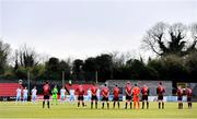 10 April 2021; Players from both sides stand for a minutes silence before the SSE Airtricity League Premier Division match between Longford Town and Drogheda United at Bishopsgate in Longford. Photo by Sam Barnes/Sportsfile