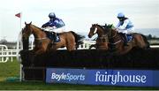 13 April 2021; Somptueux, with Rachael Blackmore up, right, clear the last alongside Samurai Cracker, with Richard Deegan up, on their way to winning the Follow Fairyhouse on Social Media Rated Novice steeplechase at Fairyhouse Racecourse in Ratoath, Meath. Photo by David Fitzgerald/Sportsfile