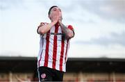 13 April 2021; David Parkhouse of Derry City reacts after a missed opportunity on goal during the SSE Airtricity League Premier Division match between Derry City and Shamrock Rovers at the Ryan McBride Brandywell Stadium in Derry. Photo by Stephen McCarthy/Sportsfile