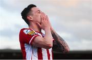 13 April 2021; David Parkhouse of Derry City reacts after a missed opportunity on goal during the SSE Airtricity League Premier Division match between Derry City and Shamrock Rovers at the Ryan McBride Brandywell Stadium in Derry. Photo by Stephen McCarthy/Sportsfile