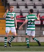 13 April 2021; Rory Gaffney, left, celebrates after scoring his side's first goal with his Shamrock Rovers team-mate Max Murphy during the SSE Airtricity League Premier Division match between Derry City and Shamrock Rovers at the Ryan McBride Brandywell Stadium in Derry. Photo by Stephen McCarthy/Sportsfile