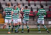 13 April 2021; Rory Gaffney, centre, celebrates after scoring his side's first goal with his Shamrock Rovers team-mates during the SSE Airtricity League Premier Division match between Derry City and Shamrock Rovers at the Ryan McBride Brandywell Stadium in Derry. Photo by Stephen McCarthy/Sportsfile
