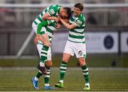 13 April 2021; Graham Burke, centre, celebrates after scoring his side's second goal with Shamrock Rovers team-mates Gary O'Neill, top, and Sean Gannon during the SSE Airtricity League Premier Division match between Derry City and Shamrock Rovers at the Ryan McBride Brandywell Stadium in Derry. Photo by Stephen McCarthy/Sportsfile