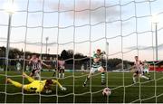 13 April 2021; Rory Gaffney of Shamrock Rovers, right, on his way to scoring his side's first goal during the SSE Airtricity League Premier Division match between Derry City and Shamrock Rovers at the Ryan McBride Brandywell Stadium in Derry. Photo by Stephen McCarthy/Sportsfile