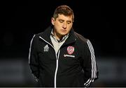 13 April 2021; Derry City manager Declan Devine reacts during the SSE Airtricity League Premier Division match between Derry City and Shamrock Rovers at the Ryan McBride Brandywell Stadium in Derry. Photo by Stephen McCarthy/Sportsfile