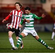 13 April 2021; Will Fitzgerald of Derry City in action against Danny Mandroiu of Shamrock Rovers during the SSE Airtricity League Premier Division match between Derry City and Shamrock Rovers at the Ryan McBride Brandywell Stadium in Derry. Photo by Stephen McCarthy/Sportsfile