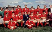 28 September 1980; The Bill Beaumont's Lions XV team, back row from left, referee D Healy, Dai Richards, Gareth Davies, Derek Quinnell, Maurice Colclough, Ollie Campbell, Clive Williams, Mike Rafter and Cork Constitution RFC President Michael Keyes, with front, from left, Rodney O'Donnell, Johnny Moloney, Colm Tucker, captain Bill Beaumont, coach Noel Murphy, John Carleton, Phil Blakeway, Allan Phillips and touch judge Fran Cotton and seated Tony Ward, left, and John Robbie prior to the Representative match between Cork Constitution President's XV and Bill Beaumont's Lions XV at Musgrave Park in Cork. Photo by Ray McManus/Sportsfile