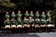 21 November 1981; The Ireland team, back row, from left, Mick Fitzpatrick, John O'Driscoll, Brendan Foley, Donal Lenihan, Hugo MacNeill, Willie Duggan, Phil Orr and Trevor Ringland, with front, from left, Paul Dean, John Cantrell, David Irwin, captain Fergus Slattery, IRFU President John Moore, Tony Ward, Terry Kennedy and John Robbie before the Autumn International rugby match between Ireland and Australia at Lansdowne Road in Dublin. Photo by Ray McManus/Sportsfile
