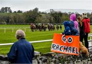 16 April 2021; Zoffanien, with Rachael Blackmore, up, right, are cheered on by local children, from left, Will, age 4, and Annabelle Burke, age 5, and sisters Lauren, age 9, Chloe, age 10 and Emma Stagg, age 11, from Hollymount, Co Mayo, as they go round the final bend on their way to winning the McGrath Limestone Works Handicap Hurdle on Zoffanien at Ballinrobe Racecourse in Mayo. Photo by David Fitzgerald/Sportsfile