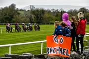 16 April 2021; Local children, from left, Will, age 4, and Annabelle Burke, age 5, and sisters Lauren, age 9, Chloe, age 10 and Emma Stagg, age 11, from Hollymount, Co Mayo, cheer on jockey Rachael Blackmore as she wins the McGrath Limestone Works Handicap Hurdle on Zoffanien at Ballinrobe Racecourse in Mayo. Photo by David Fitzgerald/Sportsfile