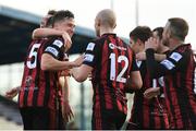 16 April 2021; Rob Cornwall, 5, of Bohemians celebrates after scoring his side's first goal with team-mates during the SSE Airtricity League Premier Division match between Waterford and Bohemians at the RSC in Waterford. Photo by Eóin Noonan/Sportsfile