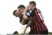 16 April 2021; Rob Cornwall of Bohemians celebrates after scoring his side's first goal with team-mates Rory Feely, left, and James Finnerty during the SSE Airtricity League Premier Division match between Waterford and Bohemians at the RSC in Waterford. Photo by Eóin Noonan/Sportsfile