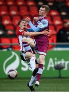 16 April 2021; Ronan Boyce of Derry City collides with Mark Doyle of Drogheda United during the SSE Airtricity League Premier Division match between Derry City and Drogheda United at the Ryan McBride Brandywell Stadium in Derry. Photo by Stephen McCarthy/Sportsfile