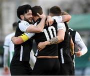 16 April 2021; Kurtis Byrne, centre, of Athlone Town is congratulated by team-mates Adam Wixted, left, and Aidan Friel, after he scored his side's second goal during the SSE Airtricity League First Division match between Bray Wanderers and Athlone Town at the Carlisle Grounds in Bray, Wicklow. Photo by Matt Browne/Sportsfile