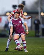 16 April 2021; Chris Lyons of Drogheda United in action against Cameron McJannet of Derry City during the SSE Airtricity League Premier Division match between Derry City and Drogheda United at the Ryan McBride Brandywell Stadium in Derry. Photo by Stephen McCarthy/Sportsfile