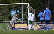 16 April 2021; Cabinteely goalkeeper Adam Hayden watches the ball hit his upright during the SSE Airtricity League First Division match between UCD and Cabinteely at the UCD Bowl in Belfield, Dublin. Photo by Piaras Ó Mídheach/Sportsfile