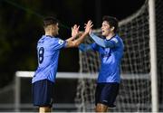 16 April 2021; Donal Higgins of UCD, left, celebrates with team-mate Colm Whelan after scoring his side's fourth goal during the SSE Airtricity League First Division match between UCD and Cabinteely at the UCD Bowl in Belfield, Dublin. Photo by Piaras Ó Mídheach/Sportsfile