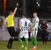 16 April 2021; Referee Alan Carey shows a red card to Ryan Graydon, right, of Bray Wanderers as team-mate Mark Byrne looks on during the SSE Airtricity League First Division match between Bray Wanderers and Athlone Town at the Carlisle Grounds in Bray, Wicklow. Photo by Matt Browne/Sportsfile