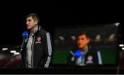 16 April 2021; Derry City manager Declan Devine is interviewed by RTÉ after the SSE Airtricity League Premier Division match between Derry City and Drogheda United at the Ryan McBride Brandywell Stadium in Derry. Photo by Stephen McCarthy/Sportsfile