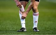 16 April 2021; A player puts a shin pad back into his sock during the SSE Airtricity League Premier Division match between Derry City and Drogheda United at the Ryan McBride Brandywell Stadium in Derry. Photo by Stephen McCarthy/Sportsfile