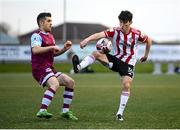 16 April 2021; Brendan Barr of Derry City in action against Ronan Murray of Drogheda United during the SSE Airtricity League Premier Division match between Derry City and Drogheda United at the Ryan McBride Brandywell Stadium in Derry. Photo by Stephen McCarthy/Sportsfile