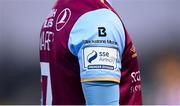 16 April 2021; A detailed view of the SSE Airtricity League Premier Division badge on a Drogheda United jersey during the SSE Airtricity League Premier Division match between Derry City and Drogheda United at the Ryan McBride Brandywell Stadium in Derry. Photo by Stephen McCarthy/Sportsfile