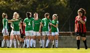 17 April 2021; Lauren Egbuloniu of Cork City, centre, celebrates with team-mates after scoring her side's second goal during the SSE Airtricity Women's National League match between Bohemians and Cork City at Oscar Traynor Coaching & Development Centre in Coolock, Dublin. Photo by Eóin Noonan/Sportsfile