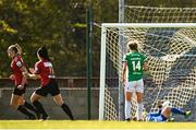 17 April 2021; Chloe Darby of Bohemians, left, celebrates after scoring her side's third goal from a penalty during the SSE Airtricity Women's National League match between Bohemians and Cork City at Oscar Traynor Coaching & Development Centre in Coolock, Dublin. Photo by Eóin Noonan/Sportsfile